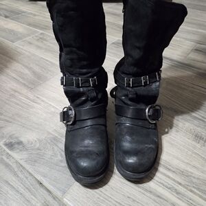 A.S.98 Black Leather Combat Boots with Buckle Straps